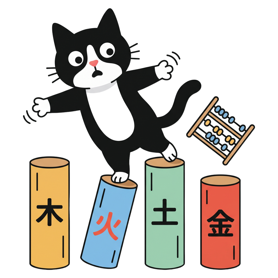 A cat balancing on four pillars painted with Chinese characters
