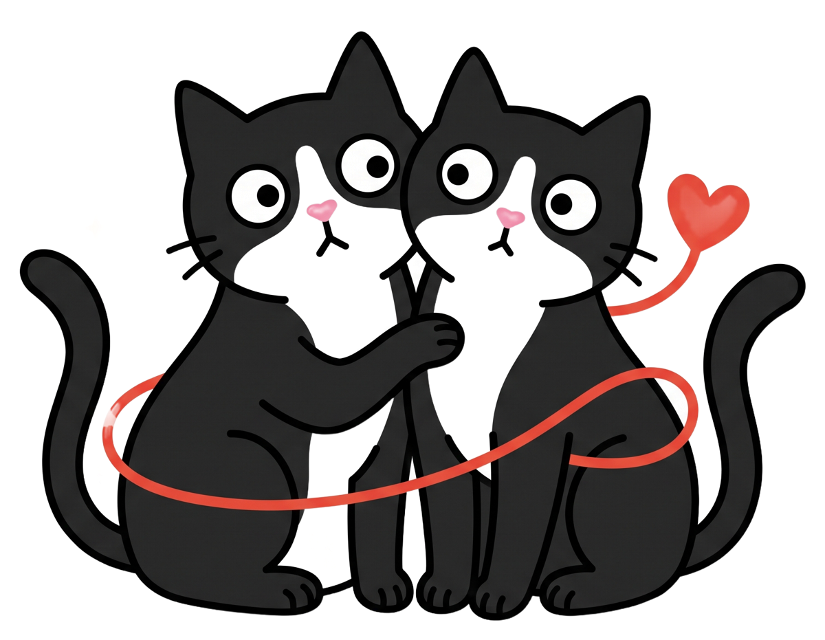 Two cats tied together with a red string of fate