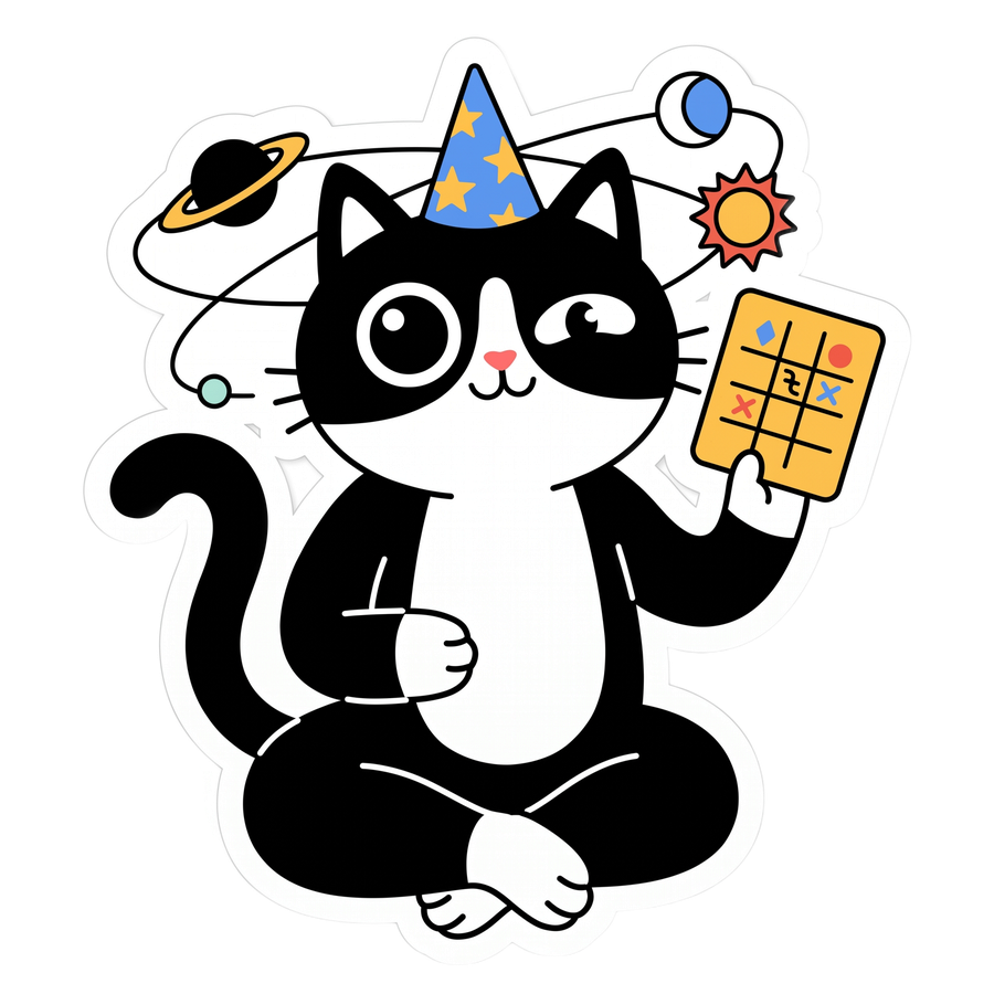 A cat astrologer holding a birth chart with planets orbiting its head